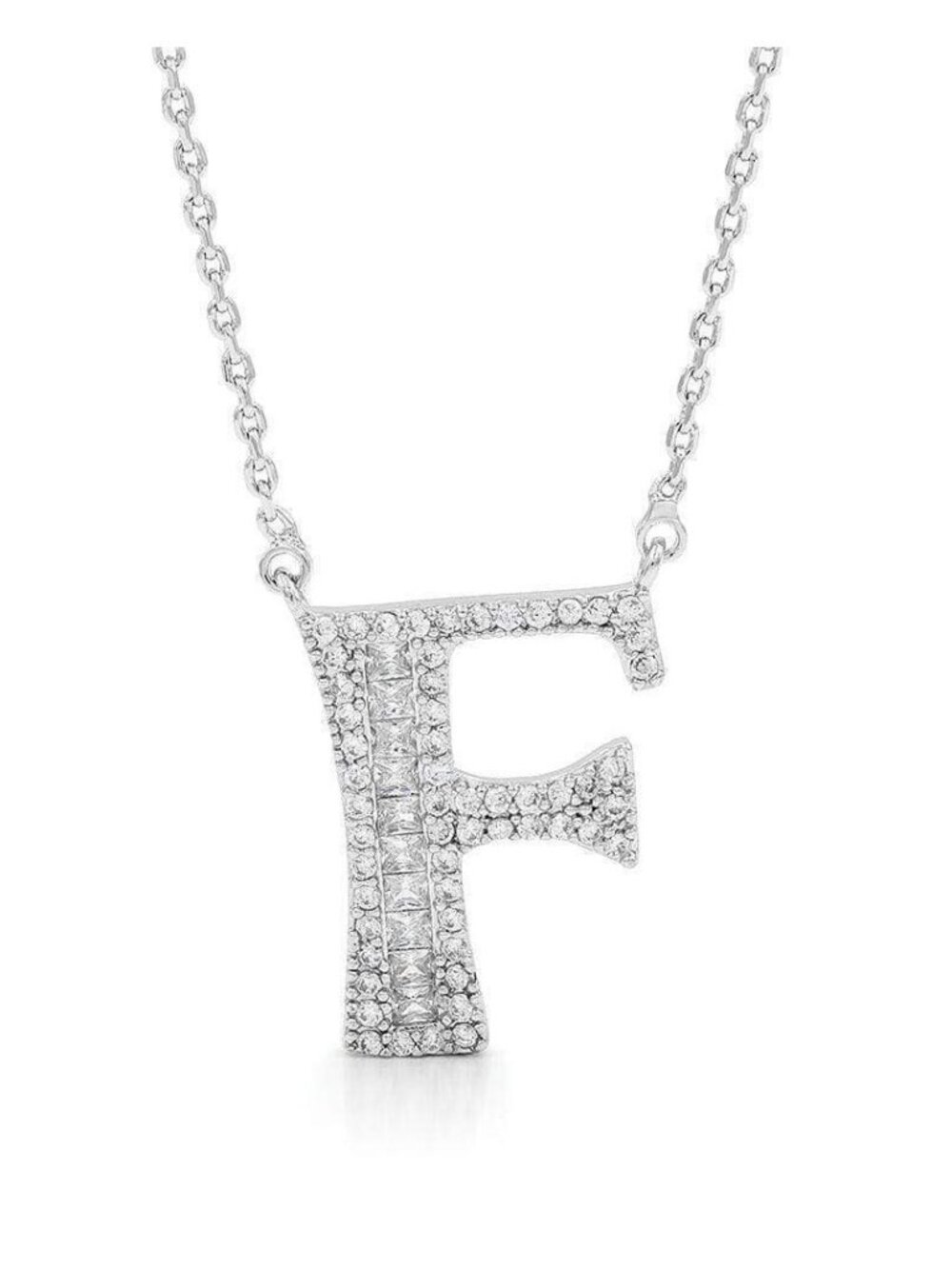 Silver Cubic Zirconia Initial Name Letter "F" Elegant Sparkling Necklace
